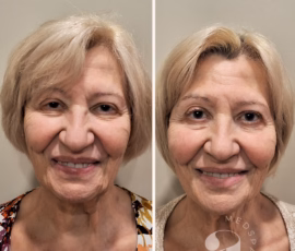 Before-and-after photo of facial balancing treatment in a patient with recent weight loss. The undereye regions look refreshed, the tissues over the cheekbones are more supported and the volume loss/appearance of excessive skin laxity at the jawline and chin have been significantly improved. Before-and-after treatment with dermal filler.